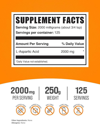 BulkSupplements.com L-Aspartic Acid Powder - Aspartic Acid Supplement, Amino Acids Supplement for Energy Support - Gluten Free, 2000mg per Serving, 250g (8.8 oz) (Pack of 1)