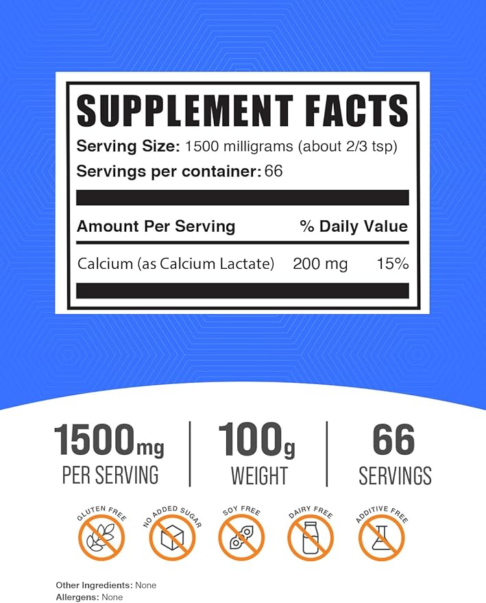 BulkSupplements.com Calcium Lactate Powder - Calcium Supplement, Calcium Lactate Food Grade - Calcium Lactate Supplement, 1500mg per Serving (200mg Calcium), 100g (3.5 oz) (Pack of 1)