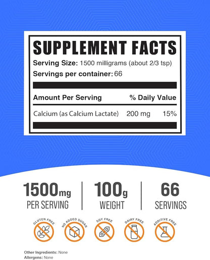 BulkSupplements.com Calcium Lactate Powder - Calcium Supplement, Calcium Lactate Food Grade - Calcium Lactate Supplement, 1500mg per Serving (200mg Calcium), 100g (3.5 oz) (Pack of 1)