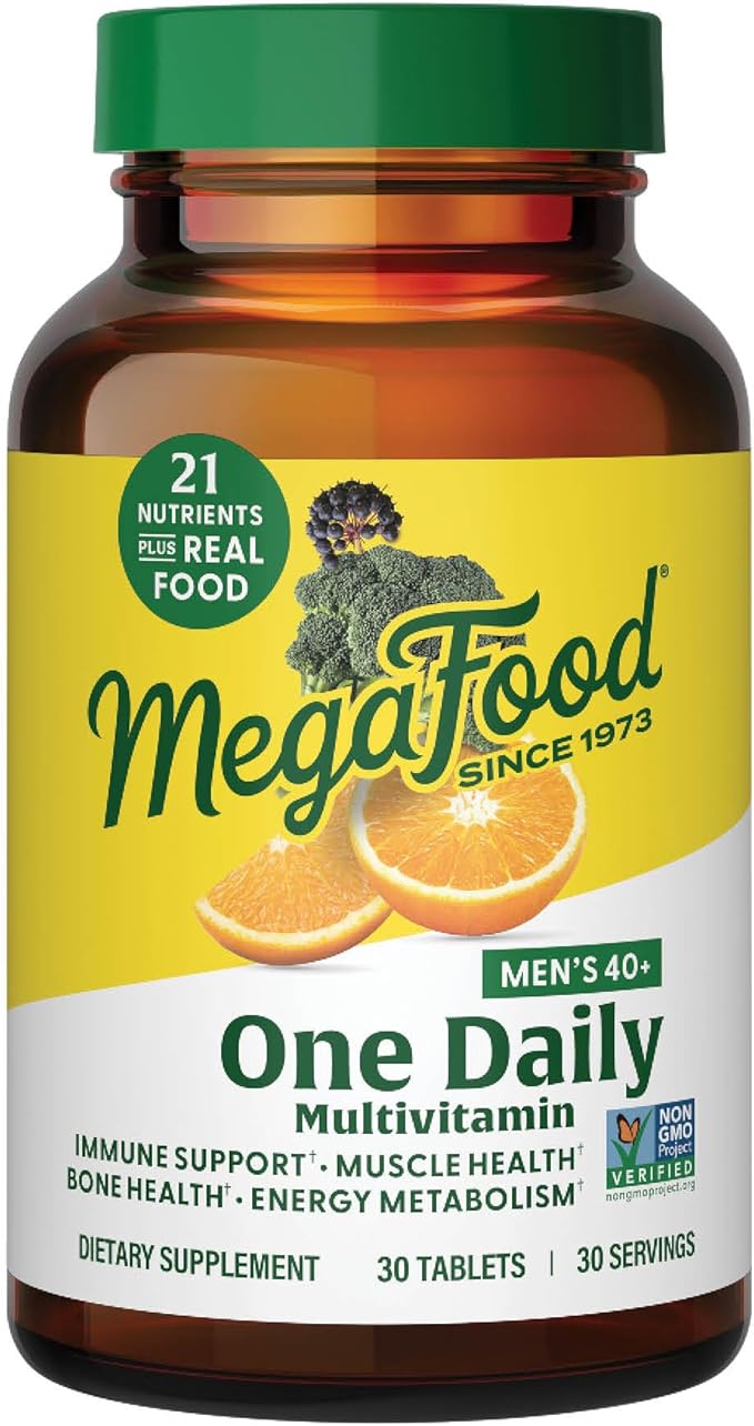 MegaFood Men's 40+ One Daily Multivitamin for Men with Vitamin B, Vitamin D3, Selenium, Zinc & Real Food - Immune Support, Energy Metabolism, and Muscle & Bone Health – Non GMO; Vegetarian - 30 Tabs