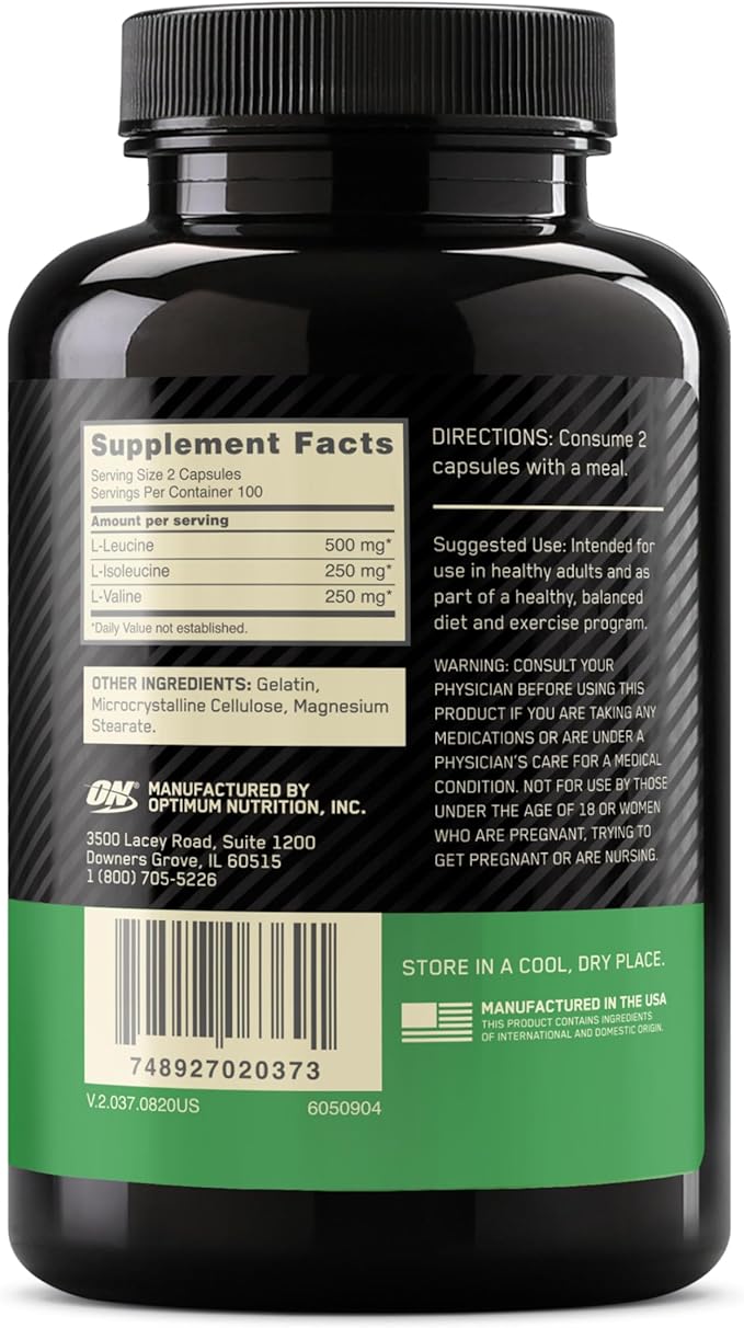 Optimum Nutrition Instantized BCAA Branched Chain Essential Amino Acids Capsules, 1000mg, 200 Count