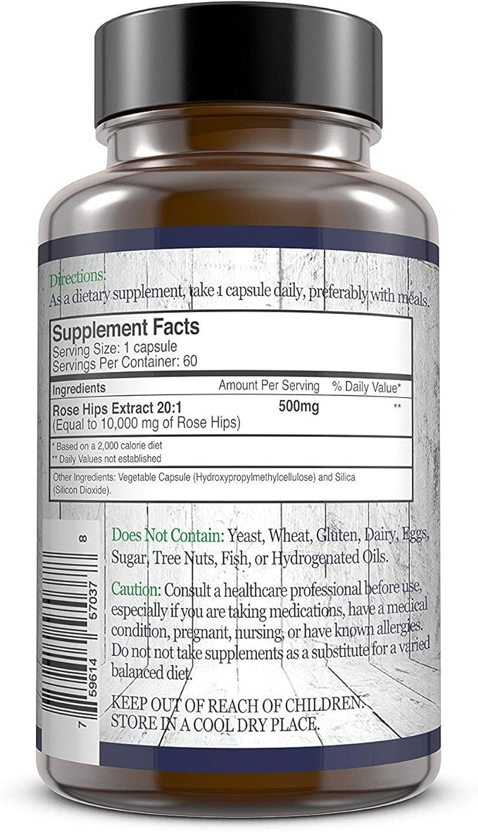 Rose HIPS - 10,000 mg x 60 Premium Natural Joint Supplement for Men & Women. Vegan, Non-GMO, Antioxidant, Vitamin A/C/E Capsules, Pills, Product