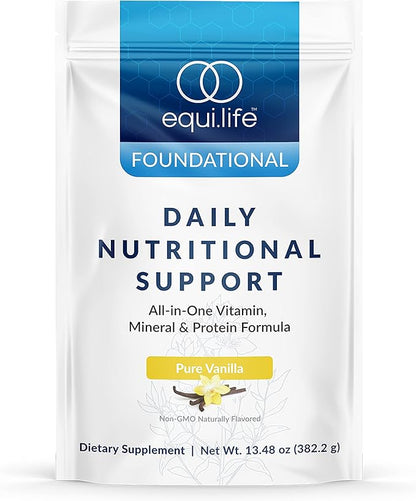 Equilife - Daily Nutritional Support, Organic and Plant Based Protein Powder, All-in-one Multivitamin, Boost Energy and Mood, Gut-Cleansing Aid and Skin Health (Pure Vanilla,14 Servings Bag)