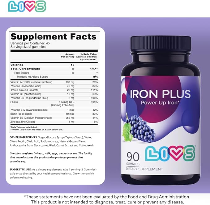 LIVS Iron Plus Gummy Vitamin | Iron with Vitamin C | Made in USA | Iron Gummies for Adults & Kids | All-Natural, Gluten-Free, Non-GMO & Vegan Iron Supplement Gummies | Grape Flavored, 180 Count