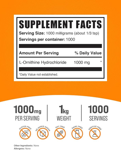 BulkSupplements.com L-Ornithine HCl Powder - L-Ornithine Hydrochloride, Ornithine Supplement - Amino Acids Supplement, Gluten Free, 1000mg per Serving, 1kg (2.2 lbs) (Pack of 1)