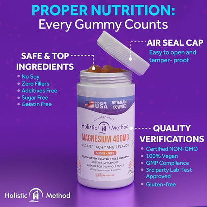 Magnesium Citrate Gummies - Sugar-Free, Vegan and Non-GMO for Better Sleep and Relaxation - No Sugar Alcohol - Magnesium Supplement for Adults, Teens and Kids - Peach Mango - 240 Chews