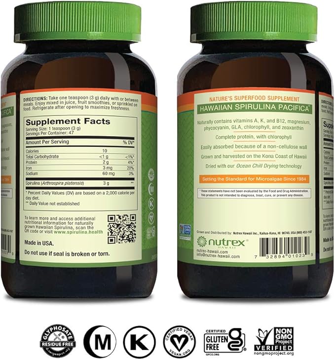 Nutrex Hawaii, Pure Hawaiian Spirulina Powder, Vegan, Supports Immune System, Heart, Cells and Energy, 5 Ounce