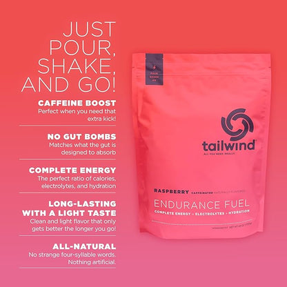 Tailwind Nutrition Endurance Fuel, Electrolyte & Hydration Sports Drink Mix Powder with Caffeine, Gluten-Free, Vegan, Raspberry Buzz, 50 Servings (Caffeinated)