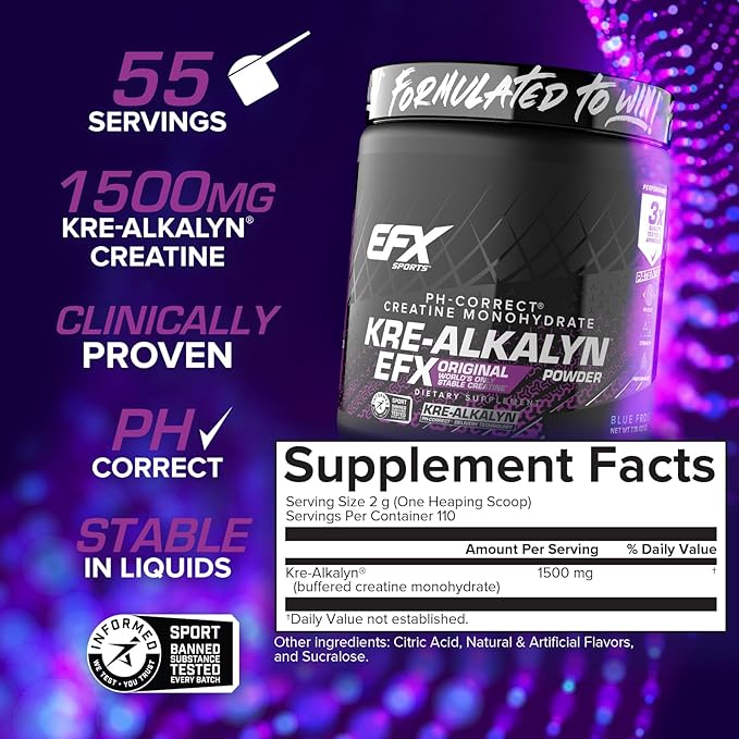 EFX Sports Kre-Alkalyn EFX Powder | pH Correct Creatine Monohydrate Powder Supplement | Strength, Muscle Growth & Performance | 110 Servings (Blue Frost)