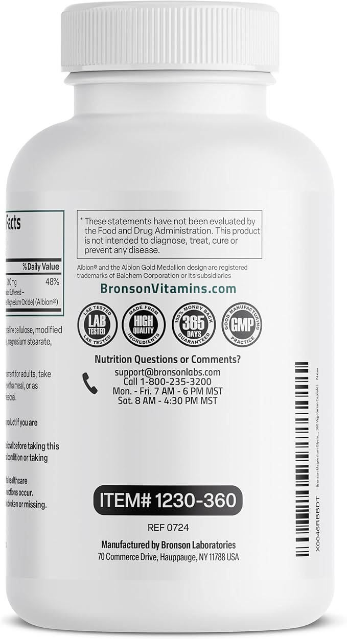 Bronson Magnesium Glycinate 200 MG per Serving Chelated for High Absorption, Gentle On Stomach, Non-GMO, 360 Vegetarian Capsules
