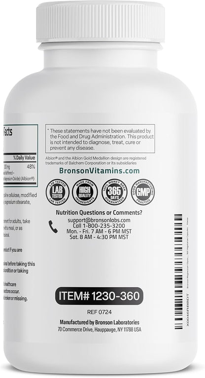 Bronson Magnesium Glycinate 200 MG per Serving Chelated for High Absorption, Gentle On Stomach, Non-GMO, 360 Vegetarian Capsules