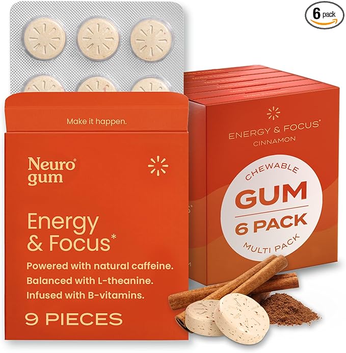 NeuroGum Energy Caffeine Gum (54 Pieces) - Sugar Free with L-theanine + Natural Caffeine + Vitamin B12 & B6 - Nootropic Energy & Focus Supplement for Women & Men - Keto & Vegan, Cinnamon Flavor