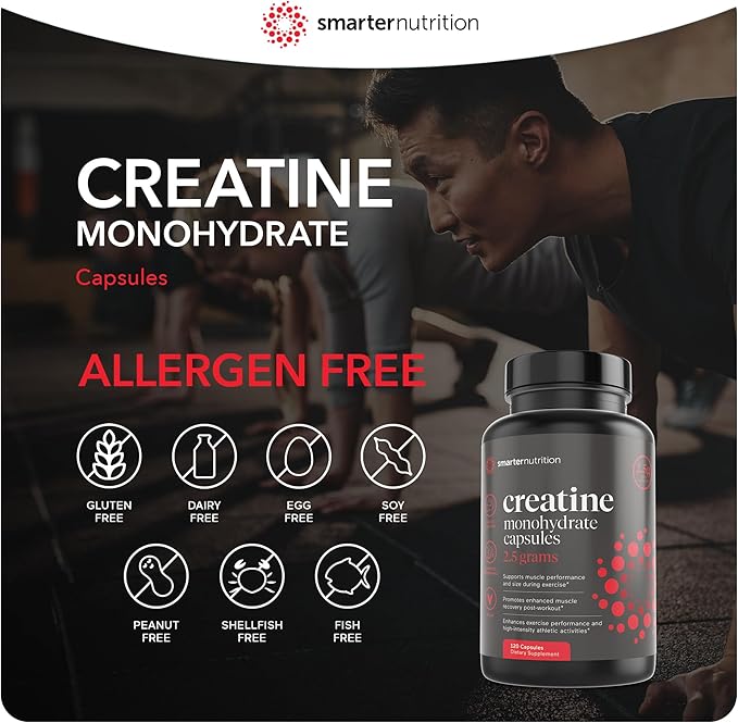 Smarter Nutrition Creatine Monohydrate Pills with 2500mg (2.5g) Per Serving, Vegan Capsules - Pre & Post Workout Recovery Support, Promotes Muscle Mass &. Endurance - 120 Count[60-Day Supply]