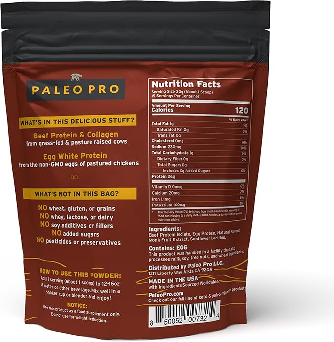 PaleoPro Protein Powder, Gluten Free, Dairy Free, Whey Free, Soy Free, No Added Hormones, Pastured Grass-fed Beef, Minimally Processed Paleo Ingredients, 1lb/454g, About 15 Servings, Mayan Mocha
