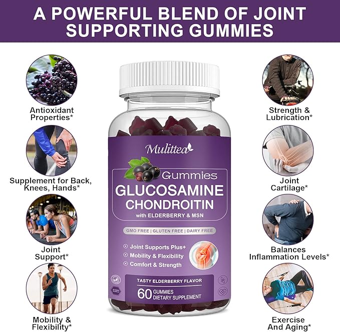 Glucosamine Chondroitin Gummies - Extra Strength Joint Support Supplement with MSM & Elderberry for Natural Joint, Antioxidant Immune Support for Adults, Men & Women-(1 Pack)
