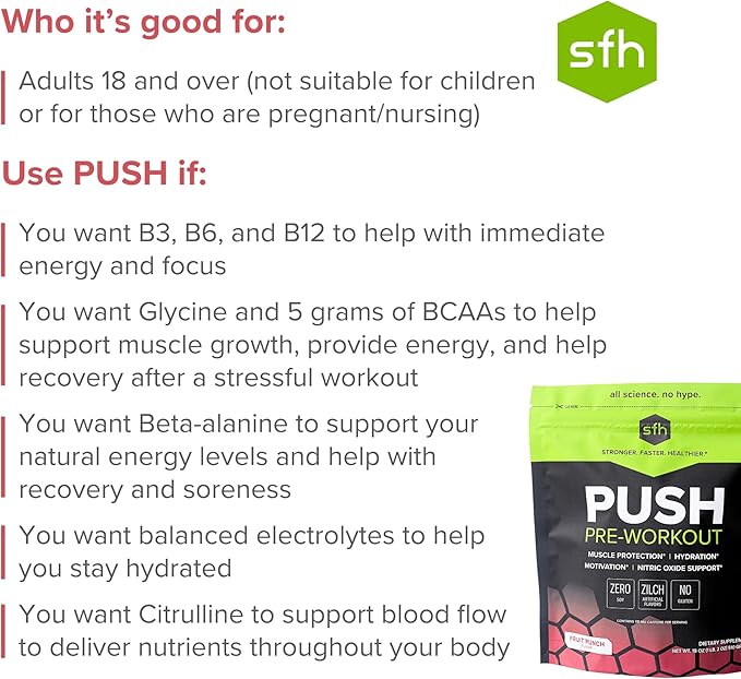 SFH Push Pre-Workout Powder (Fruit Punch) BCAAs for Muscle Repair | Electrolytes | Non-Dairy, No Artificial Flavors, Colors, Sugar, Soy, Gluten, or GMOs (Bag)