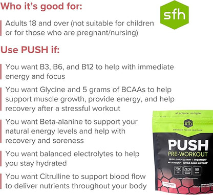 SFH Push Pre-Workout Powder (Fruit Punch) BCAAs for Muscle Repair | Electrolytes | Non-Dairy, No Artificial Flavors, Colors, Sugar, Soy, Gluten, or GMOs (Bag)