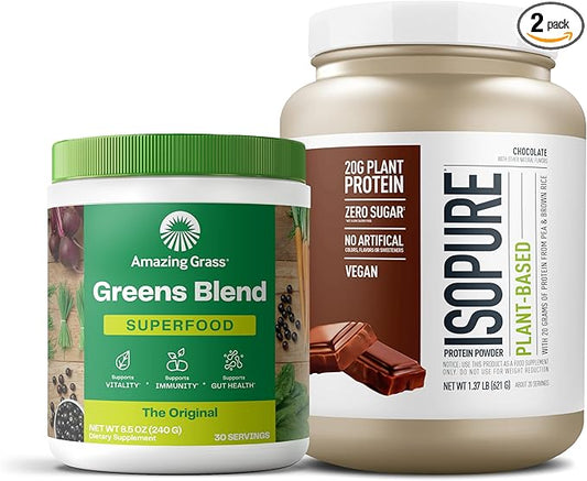 Bundle of Amazing Grass Greens Superfood Powder: Original, 30 Servings + Isopure Chocolate Vegan Protein Powder, Plant Based, Organic Pea Protein, Dairy Free, 20 Servings (Packaging May Vary)