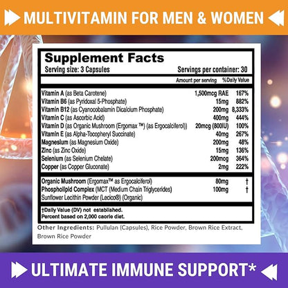 Immune Support Multivitamin for Men and Women with Vitamins A, B, C, D, E, B6, B12 - Zinc, Magnesium and Copper with Liposomal Complex for Enhanced Absorption - Daily Antioxidant Boost - 90 Vegan Caps