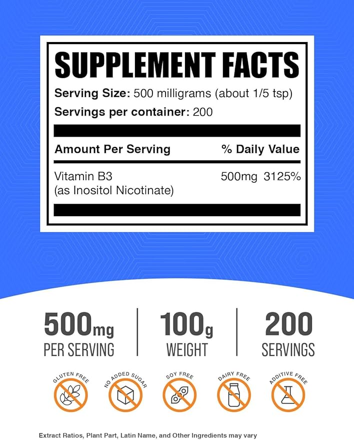 BulkSupplements.com Flush Free Niacin Powder - as Inositol Hexanicotinate, Vitamin B3 Supplement, Niacin 500mg Flush Free - Gluten Free, 500mg of per Serving, 100g (3.5 oz) (Pack of 1)
