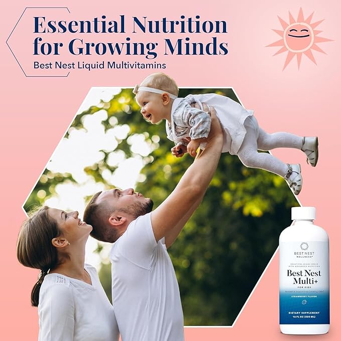 Best Nest Wellness Kids Liquid Multivitamin: Methylated Vitamins, Whole Food, Vegan, B12, Gluten-Free, Non-GMO Methylfolate Daily Liquid Vitamins for Kids with Immune Support -Strawberry Flavor, 16oz