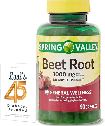 Spring Valley Beet Root 1000mg | Beet Root Capsules Organic | Super Beets Capsules | 90 Count Bundle with Lual's 45 Diabetes Decoded