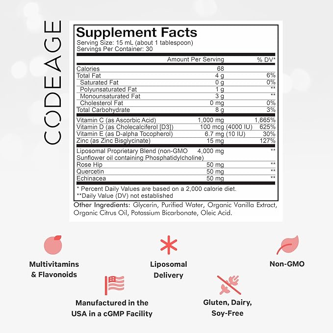 Codeage Liquid Vitamin C 1000mg, Vitamins D3, E & Zinc, Rose HIPS, Quercetin, Echinacea, Vegan Liposomal Vitamin C Supplement, Non-GMO - 15.22 fl oz