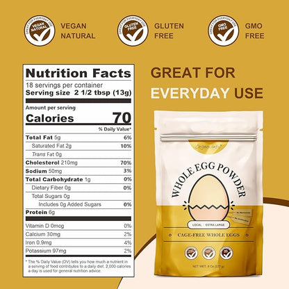 Orgnisulmte Whole Egg Powder, Fresh Pasteurized Egg Powder, All Natural, No Additives, Gluten Free Excellent for Baking Made in USA 8 Oz