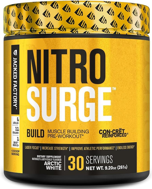 Jacked Factory Nitrosurge Build Pre Workout with Creatine for Muscle Building - Con Cret Creatine Powder & elevATP for Intense Energy, Powerful Pumps, & Endless Endurance - 30 Servings, Arctic White