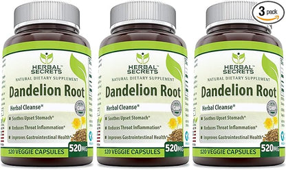 Herbal Secrets Dandelion Root 520 Mg 120 Veggie Capsules (Non-GMO) - Improve Gastrointestinal Health, Reduces Throat Inflammation, (Pack of 3)