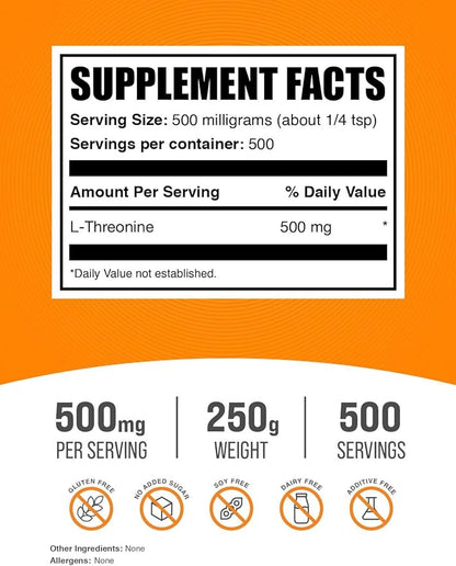 BulkSupplements.com L-Threonine Powder -Threonine Supplement, Amino Acid Supplement - Essential Amino Acid, Gluten Free, 500mg per Serving, 250g (8.8 oz) (Pack of 1)