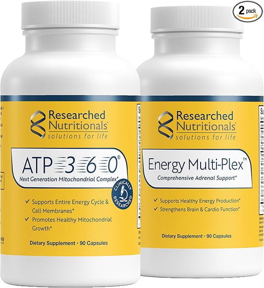 Researched Nutritionals Mens & Womens Vitamins for Energy Support - Optimized Energy Duo - Adrenal Support & Mitochondrial Supplements to Promote Optimal Cellular Energy - ATP 360 & Energy Multi-Plex