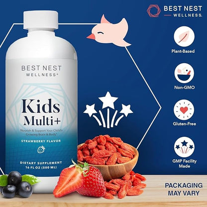 Best Nest Wellness Kids Liquid Multivitamin: Methylated Vitamins, Whole Food, Vegan, B12, Gluten-Free, Non-GMO Methylfolate Daily Liquid Vitamins for Kids with Immune Support -Strawberry Flavor, 16oz