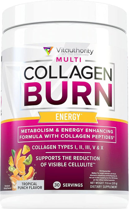 Multi Collagen Burn: Multi-Type Hydrolyzed Protein Peptides with Hyaluronic Acid, Vitamin C, SOD B Dimpless, Types I, II, III, V and X Collagen, with Caffeine