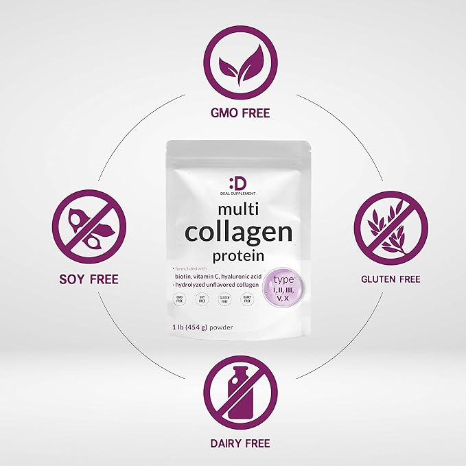 Multi Collagen Protein Powder,1Lb - Type I, II, III, V, X Collagen Peptides with Biotin 10000mcg, Vitamin C & Hyaluronic Acid - Unflavored - Keto & Paleo Friendly, Great for Hair, Skin, Nails & Joints