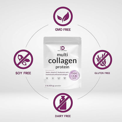 Multi Collagen Protein Powder,1Lb - Type I, II, III, V, X Collagen Peptides with Biotin 10000mcg, Vitamin C & Hyaluronic Acid - Unflavored - Keto & Paleo Friendly, Great for Hair, Skin, Nails & Joints