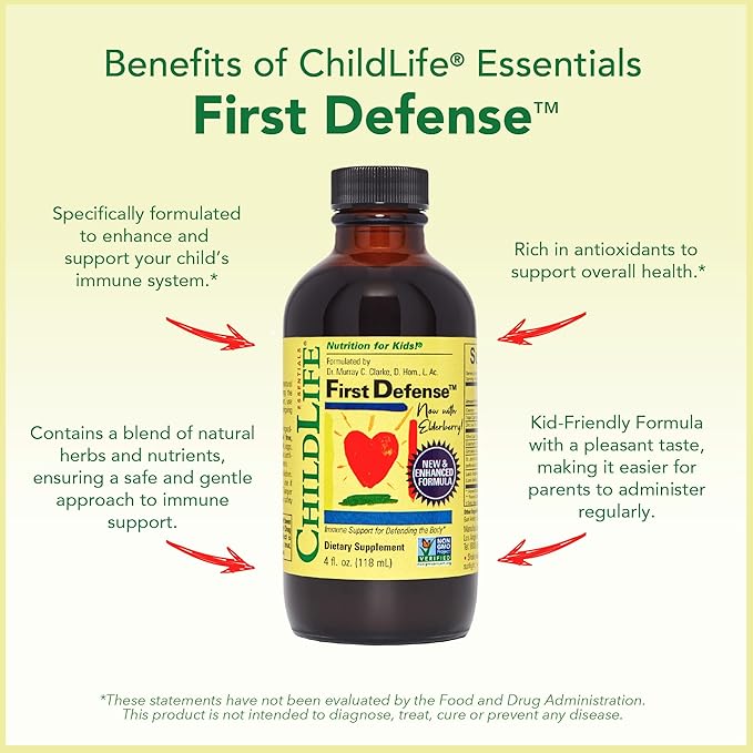 CHILDLIFE ESSENTIALS First Defense - Kids Immune Support, Immune Support for Kids, Toddlers 1-3, Babies 6 Months+, Vitamin Syrup with Elderberry, Zinc, Non GMO, Gluten Free - 4 Fl Oz (Pack of 3)