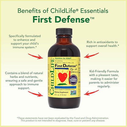 CHILDLIFE ESSENTIALS First Defense - Kids Immune Support, Immune Support for Kids, Toddlers 1-3, Babies 6 Months+, Vitamin Syrup with Elderberry, Zinc, Non GMO, Gluten Free - 4 Fl Oz (Pack of 3)