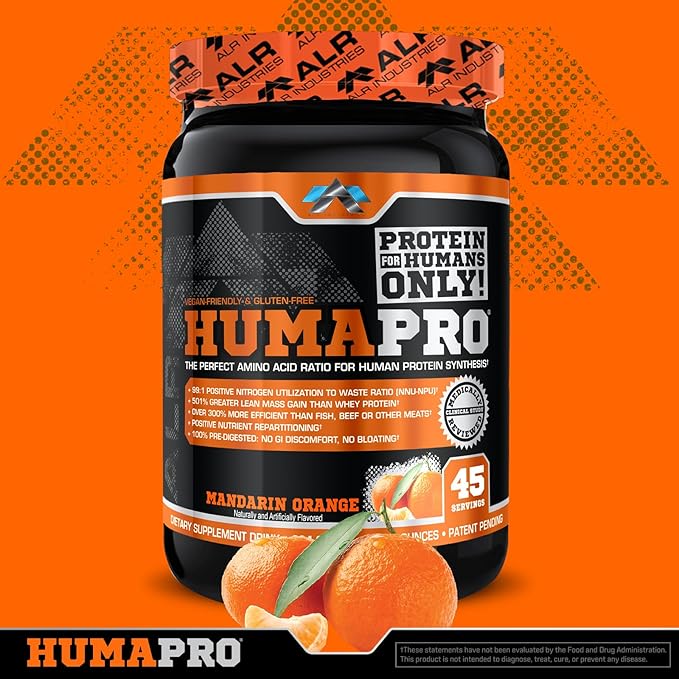 Humapro | Amino Acids Protein Matrix for Humans | 99% Utilization for Lean Muscle | Vegan, Gluten Free | 334g / 45 Servings (Mandarin Orange)