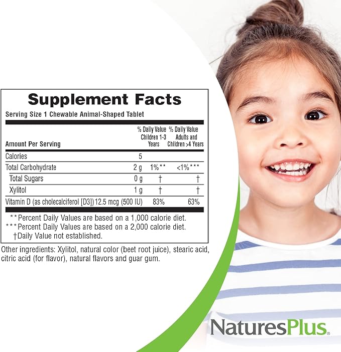 Natures Plus Animal Parade Sugar-Free Children's Vitamin D3-500 IU - Black Cherry Flavor - 90 Chewable Animal Shaped Tablets - Bone Health & Immune System Support - 90 Servings