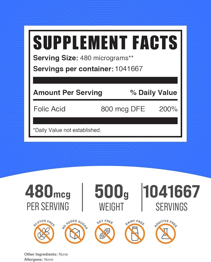 BulkSupplements.com Folic Acid Powder - Vitamin B9, Folic Acid Supplement - Folic Acid Prenatal Vitamins, Folic Acid 800 mcg - Gluten Free, 480mcg per Serving, 500g (1.1 lbs) (Pack of 1)