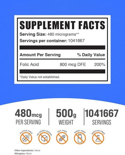 BulkSupplements.com Folic Acid Powder - Vitamin B9, Folic Acid Supplement - Folic Acid Prenatal Vitamins, Folic Acid 800 mcg - Gluten Free, 480mcg per Serving, 500g (1.1 lbs) (Pack of 1)