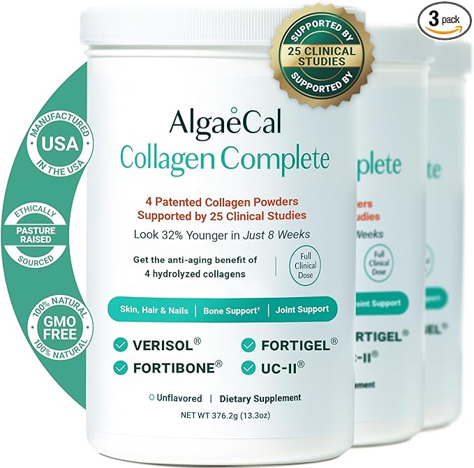 ALGAECAL Hydrolyzed Collagen Complete - Anti-Aging Collagen Powder with Clinically-Supported Beauty Collagen, Patented Formulation Verisol, Fortibone & Fortigel, Multi Collagen Peptides, 3 Packs