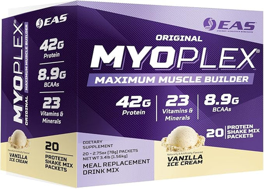 Original Myoplex Maximum Muscle Builder | Meal Replacement Protein Drink Mix | Quality Protein Blend | 42g Protein | 20 Individual Packets (Vanilla Ice Cream)