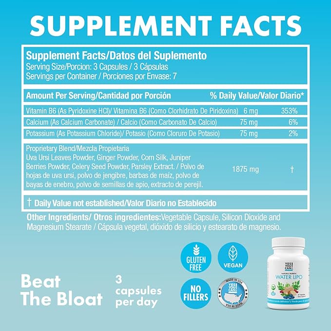 Yes You Can! Natural Water Lipo Pills - Diuretic Cleanse with Electrolytes & Vitamins - Helps with Water Retention - Gluten-Free, 21 Capsules Per Bottle (2 Pack)