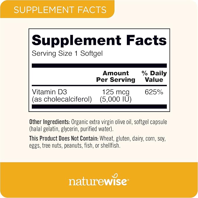 NatureWise Vitamin D3 5000iu (125 mcg) Healthy Muscle Function, and Immune Support, Non-GMO, Gluten Free in Cold-Pressed Olive Oil, Packaging Vary (Mini Softgel), 30 Count