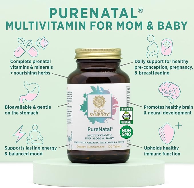 PURE SYNERGY PureNatal Prenatal Vitamins | Vegan Supplement Made with Organic Whole Foods | with Natural Iron, Folate, and Choline | for Pre-Conception, Pregnancy and Breastfeeding (120 Tablets)