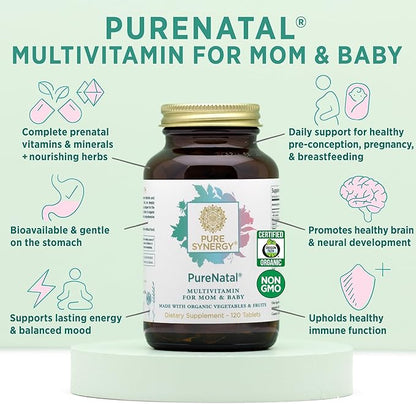 PURE SYNERGY PureNatal Prenatal Vitamins | Vegan Supplement Made with Organic Whole Foods | with Natural Iron, Folate, and Choline | for Pre-Conception, Pregnancy and Breastfeeding (120 Tablets)