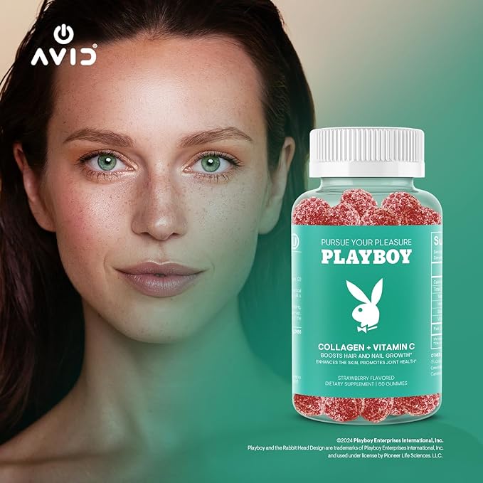 Playboy - Collagen + Vitamin C Gummies for Hair, Skin, Nails & Joint Health (60 Gummies) - Strawberry Flavored Vitamin C & Collagen Supplement for Women & Men - Non-GMO, Gluten Free, Nut Free Gummy