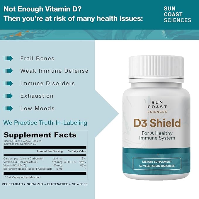 Sun Coast Science Sciences D3 Shield - Vitamin D3 5000 IU for Immune Support and Bone Health 60 Vegetarian Capsules K2 with 180mg Calcium Carbonate Maximum Absorption